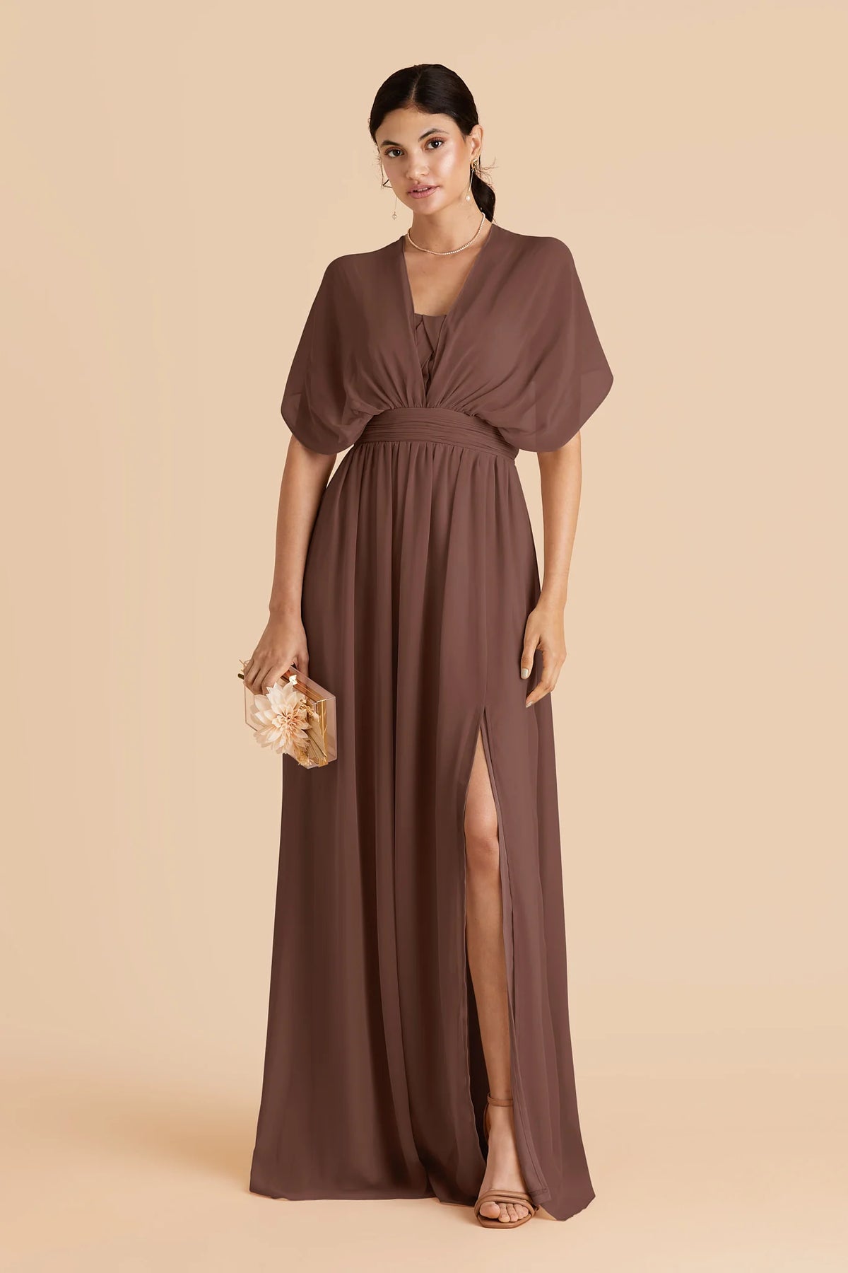 Elodie Chocolate Brown front view bridesmaid dress