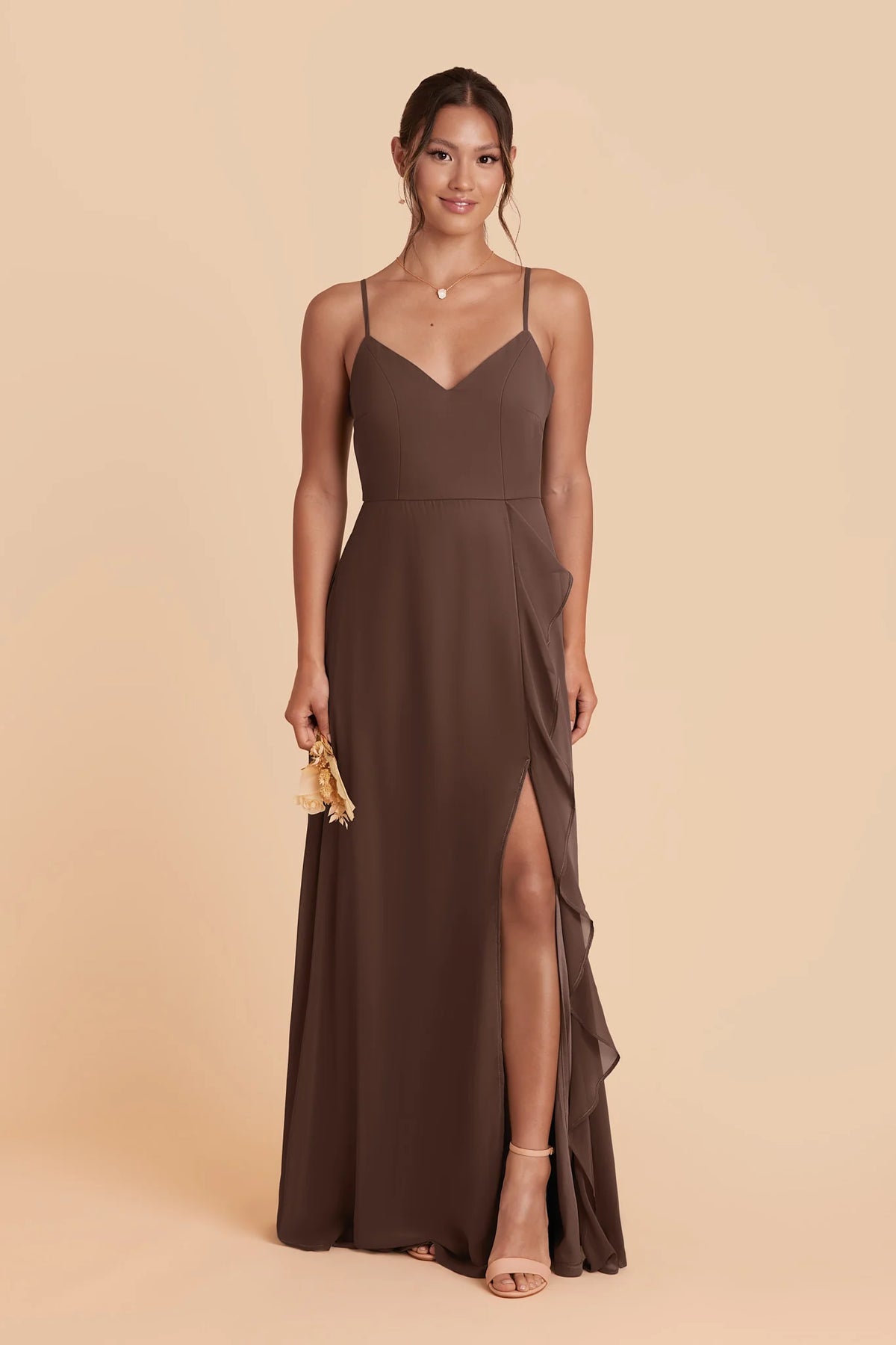 Margot Chocolate Brown front view bridesmaid dress