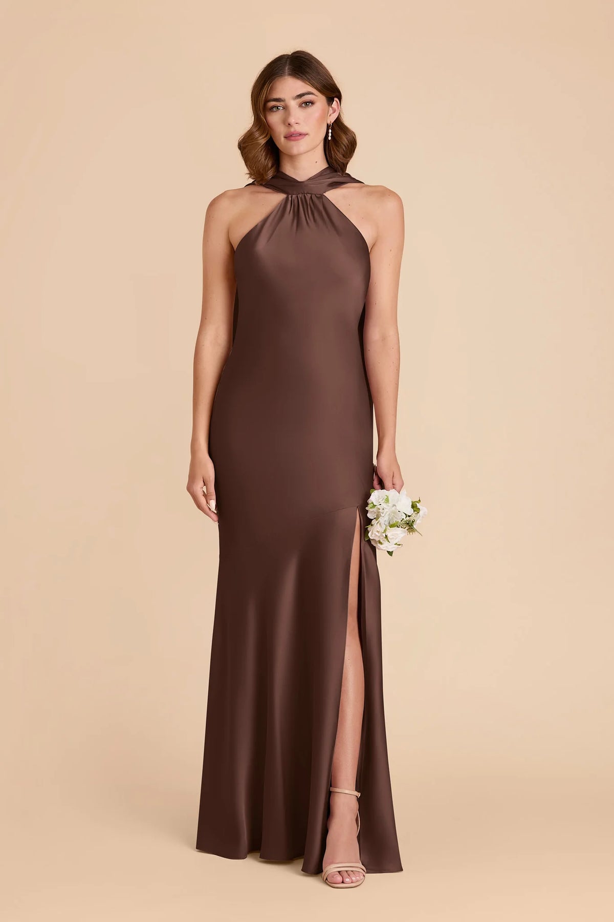 Camille Chocolate Brown front view bridesmaid dress