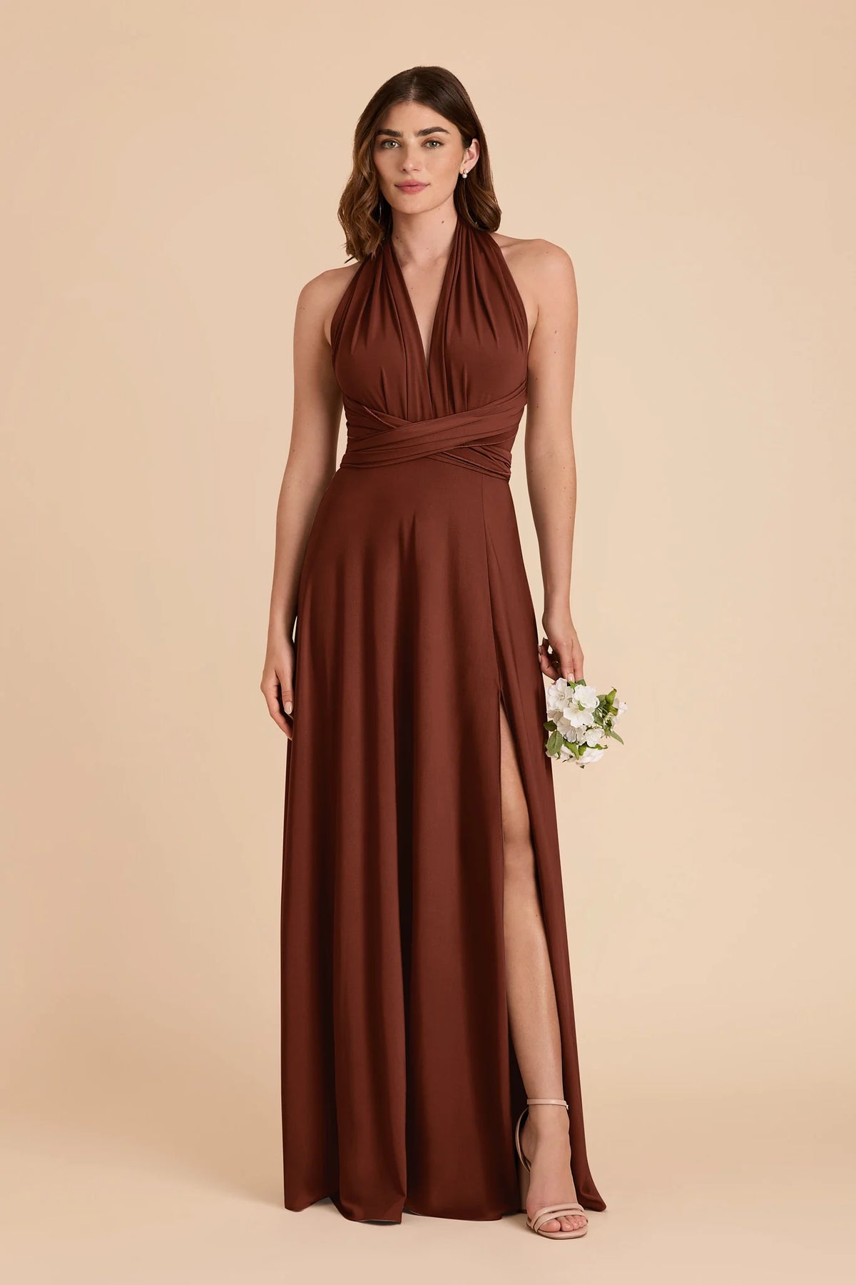 Evelina Cognac front view bridesmaid dress