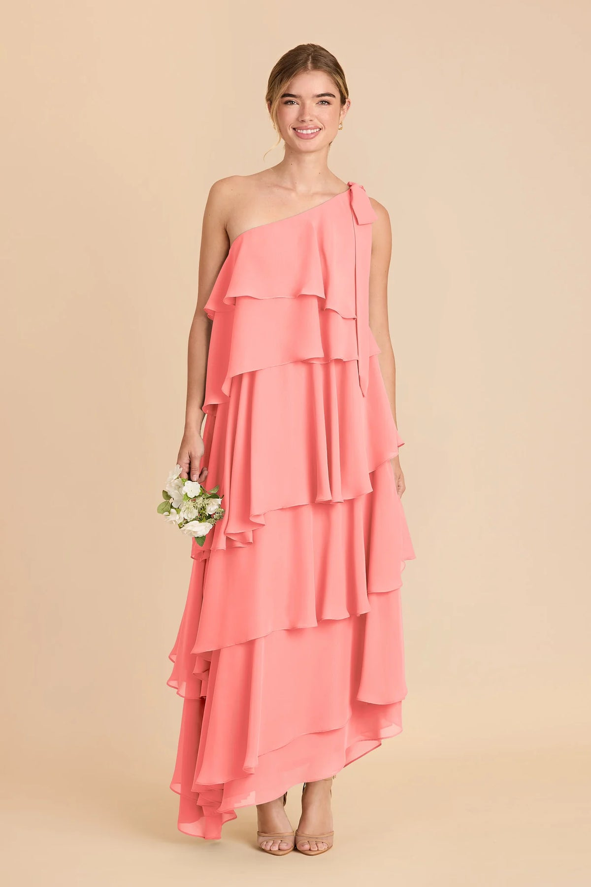 Marisol Coral Pink front view bridesmaid dress