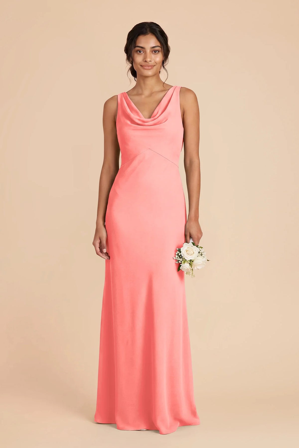 Odette Coral Pink front view bridesmaid dress