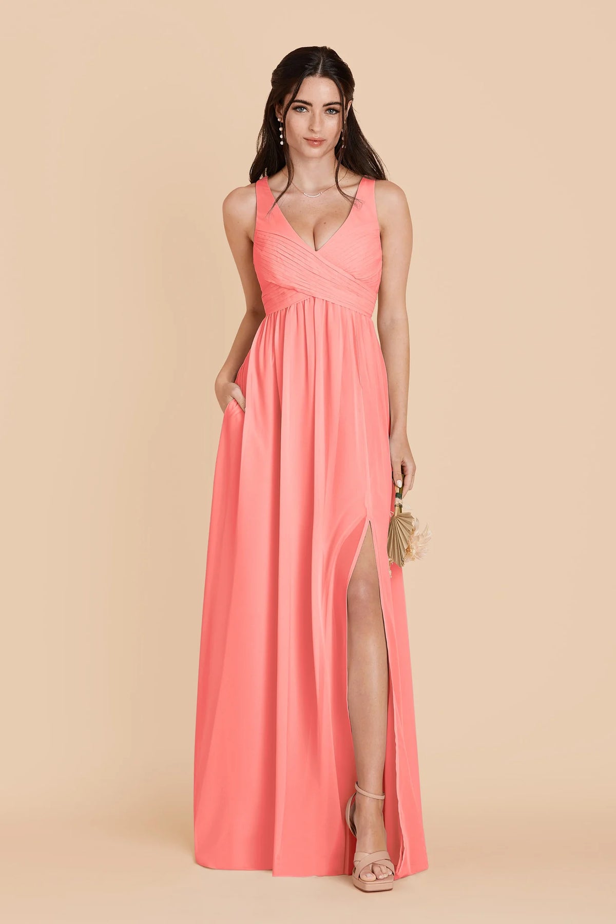 Annelise Coral Pink front view bridesmaid dress