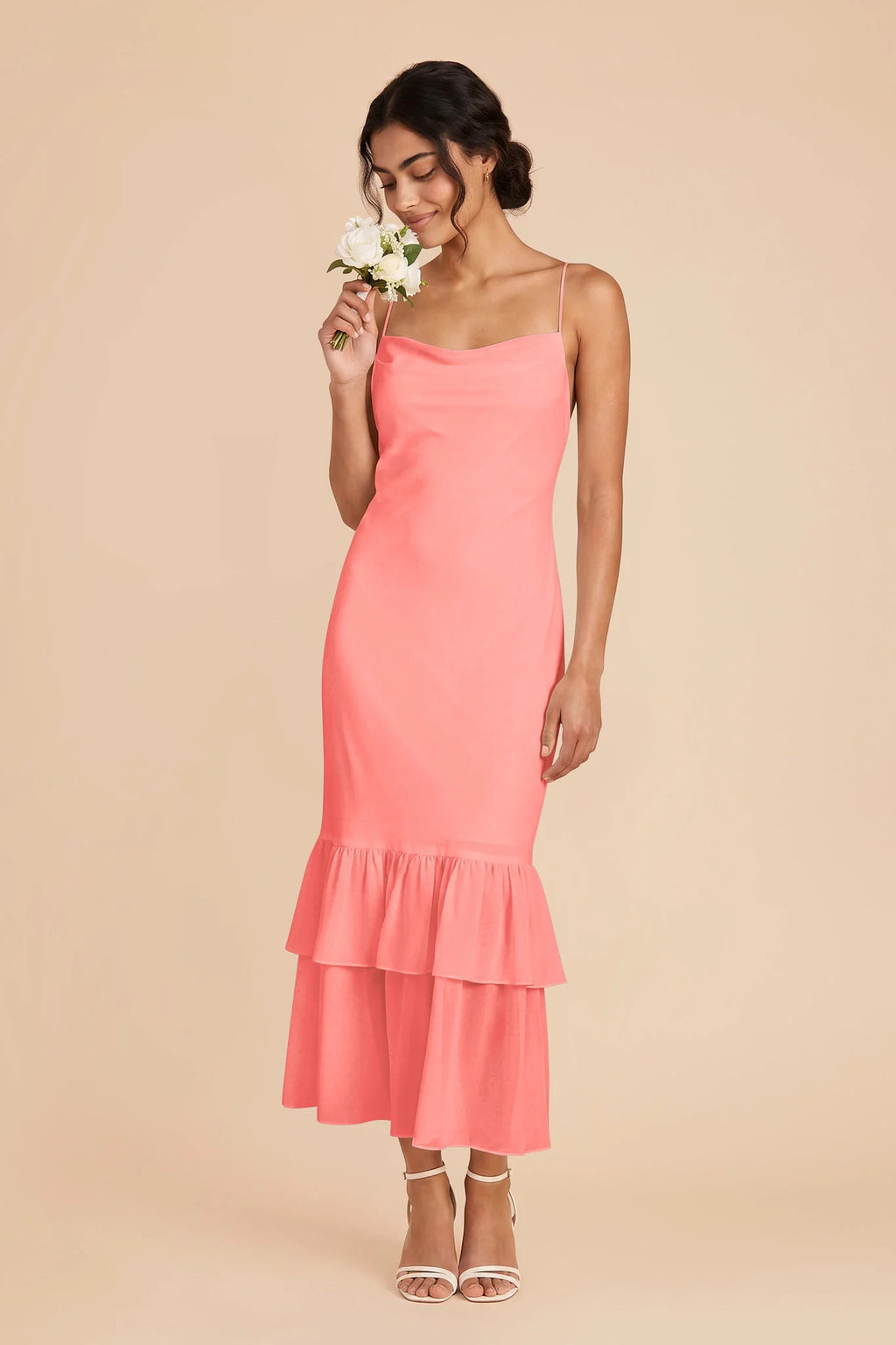 Liora Coral Pink front view bridesmaid dress