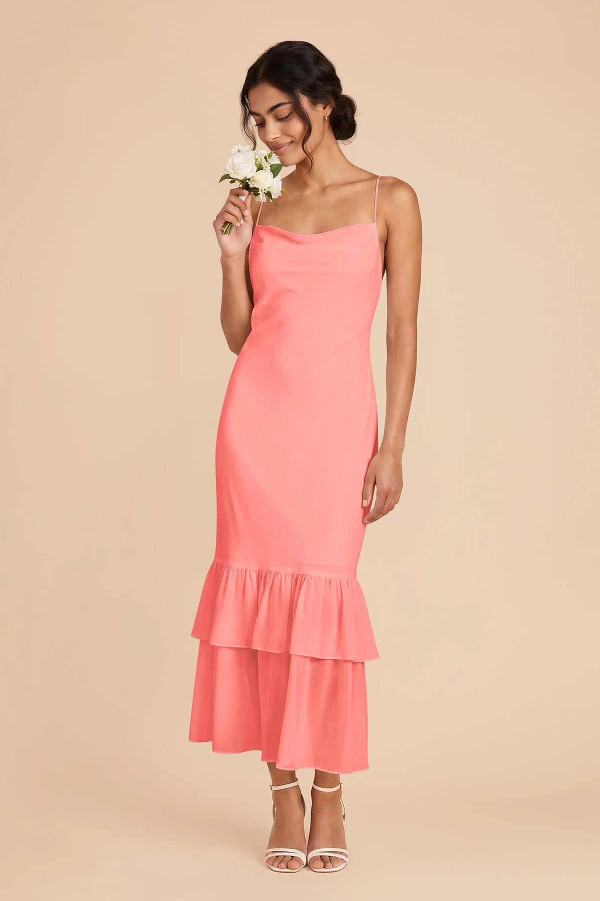 Liora Coral Pink front view bridesmaid dress