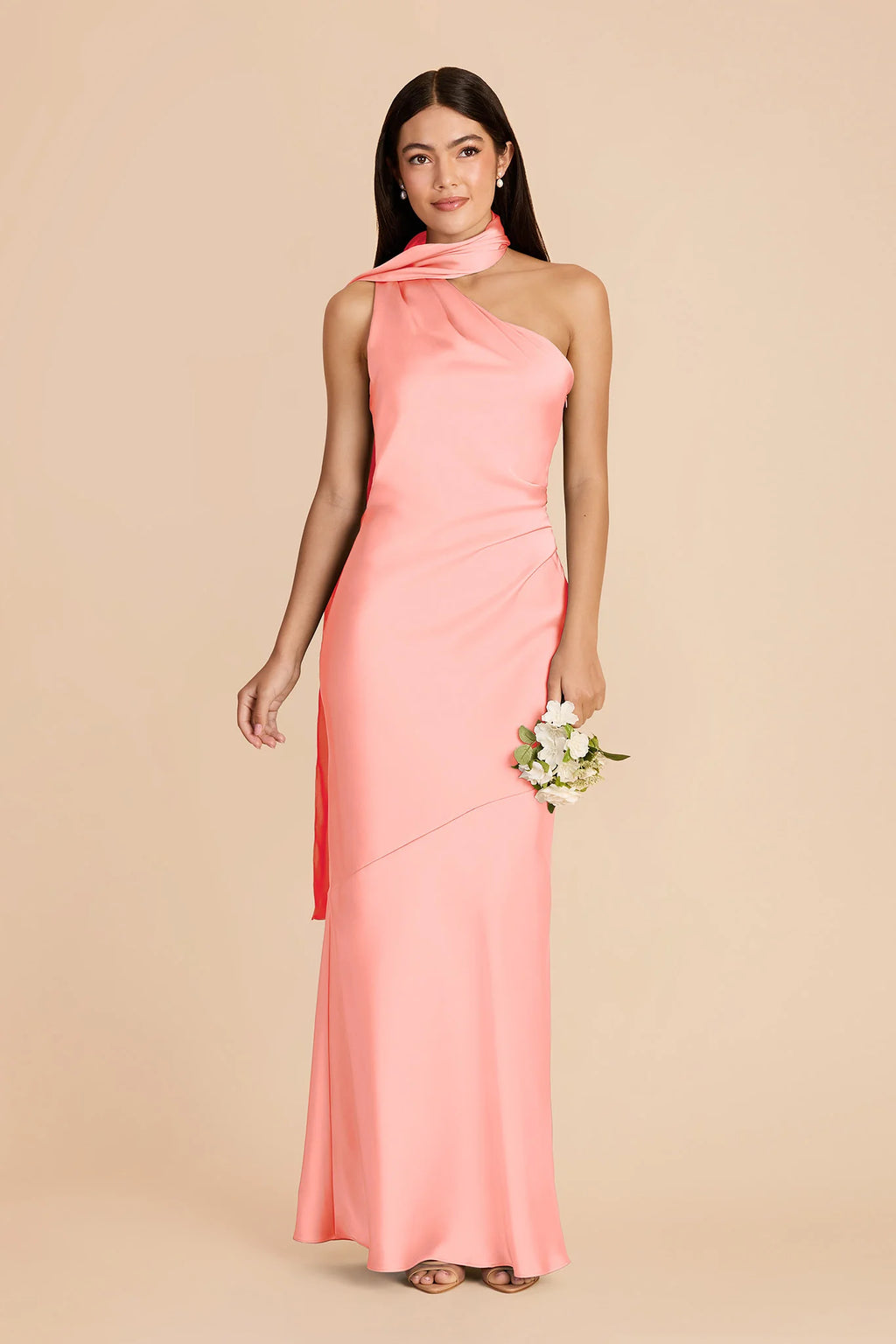 Ariadne Coral Pink front view bridesmaid dress