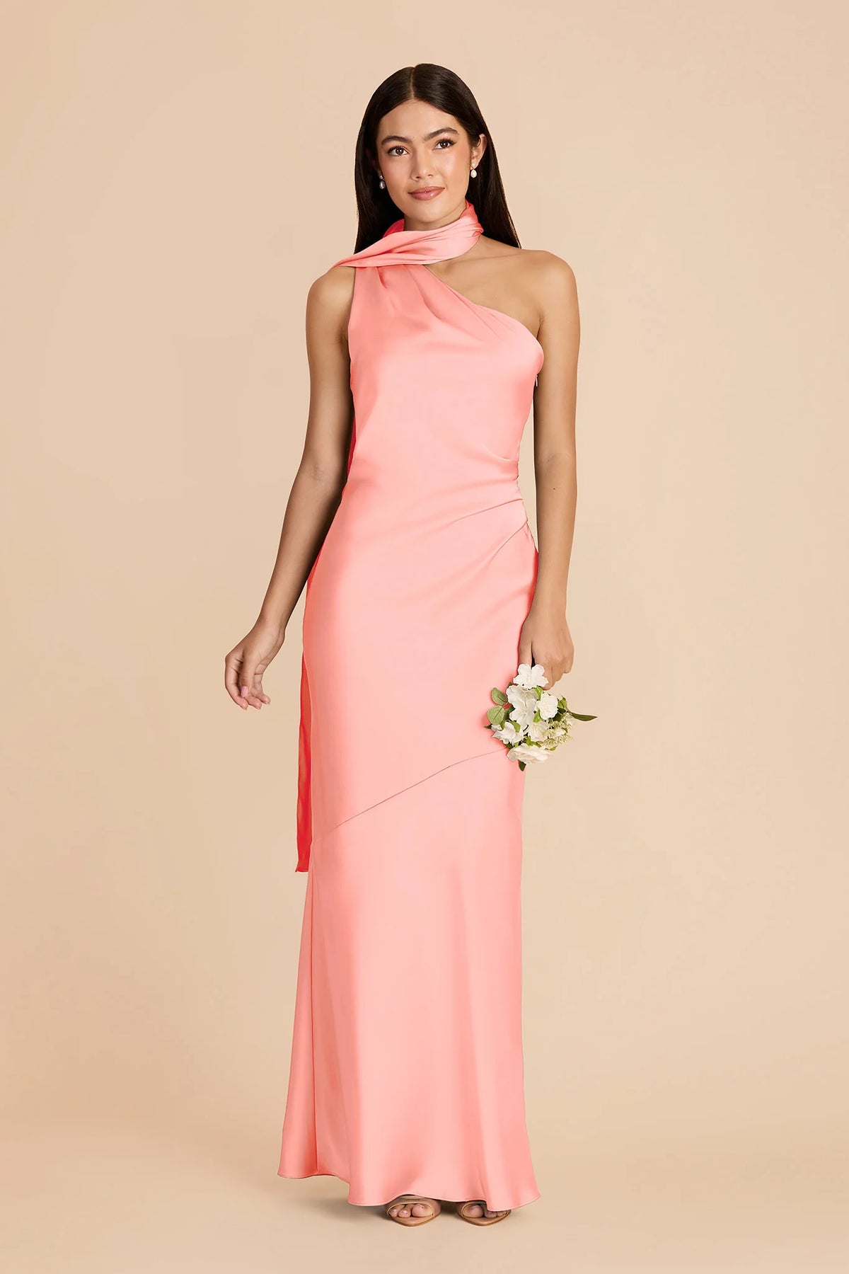 Ariadne Coral Pink front view bridesmaid dress