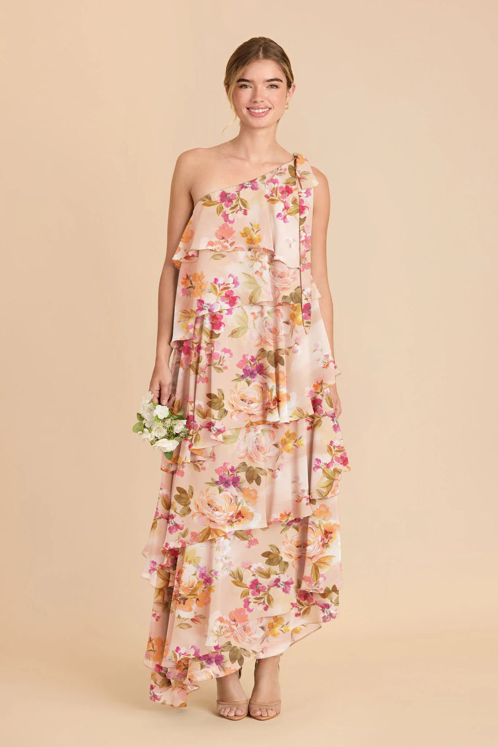 Marisol Coral Sunset Peonies front view bridesmaid dress
