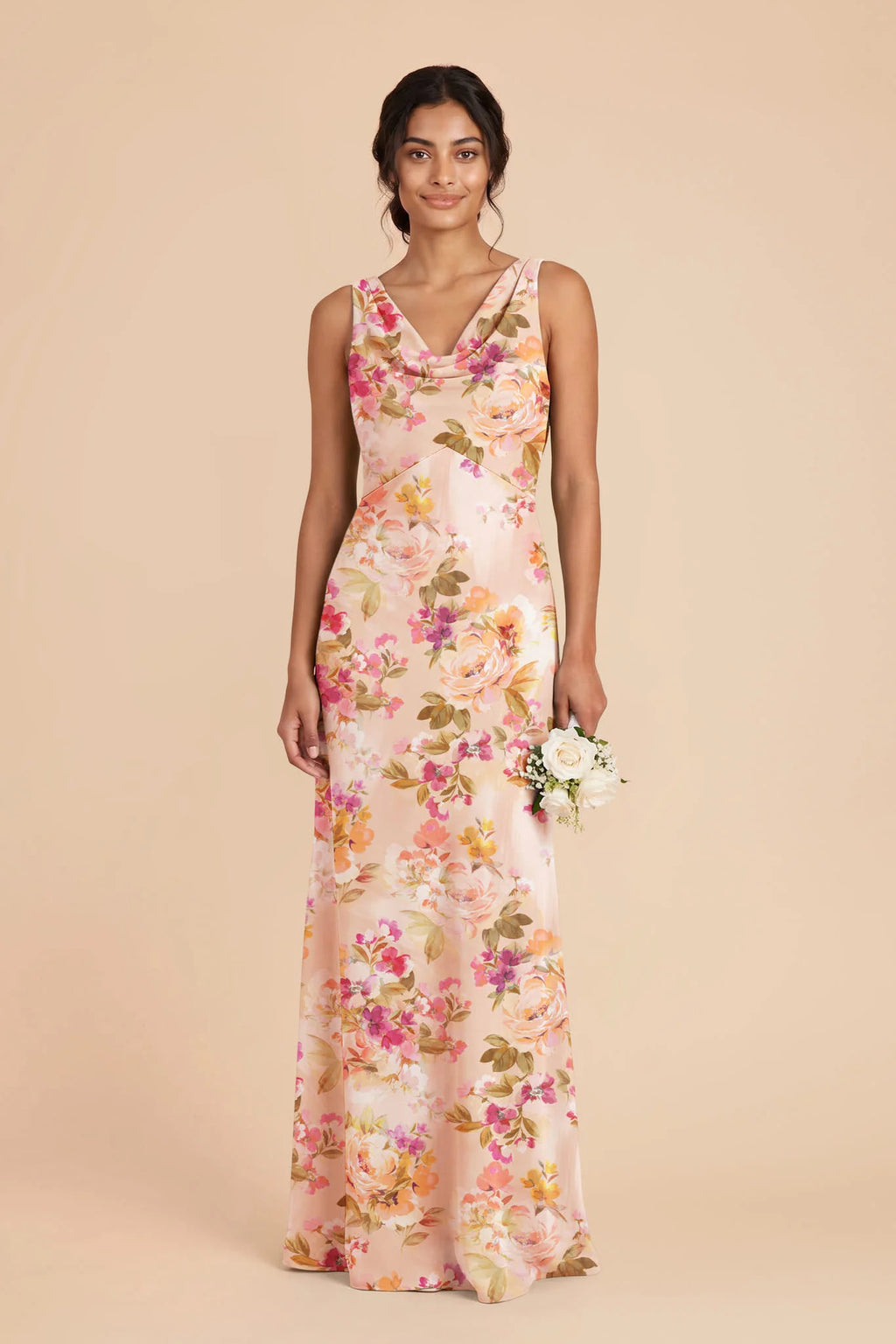 Odette Coral Sunset Peonies front view bridesmaid dress