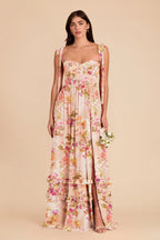 Daphne Coral Sunset Peonies front view bridesmaid dress