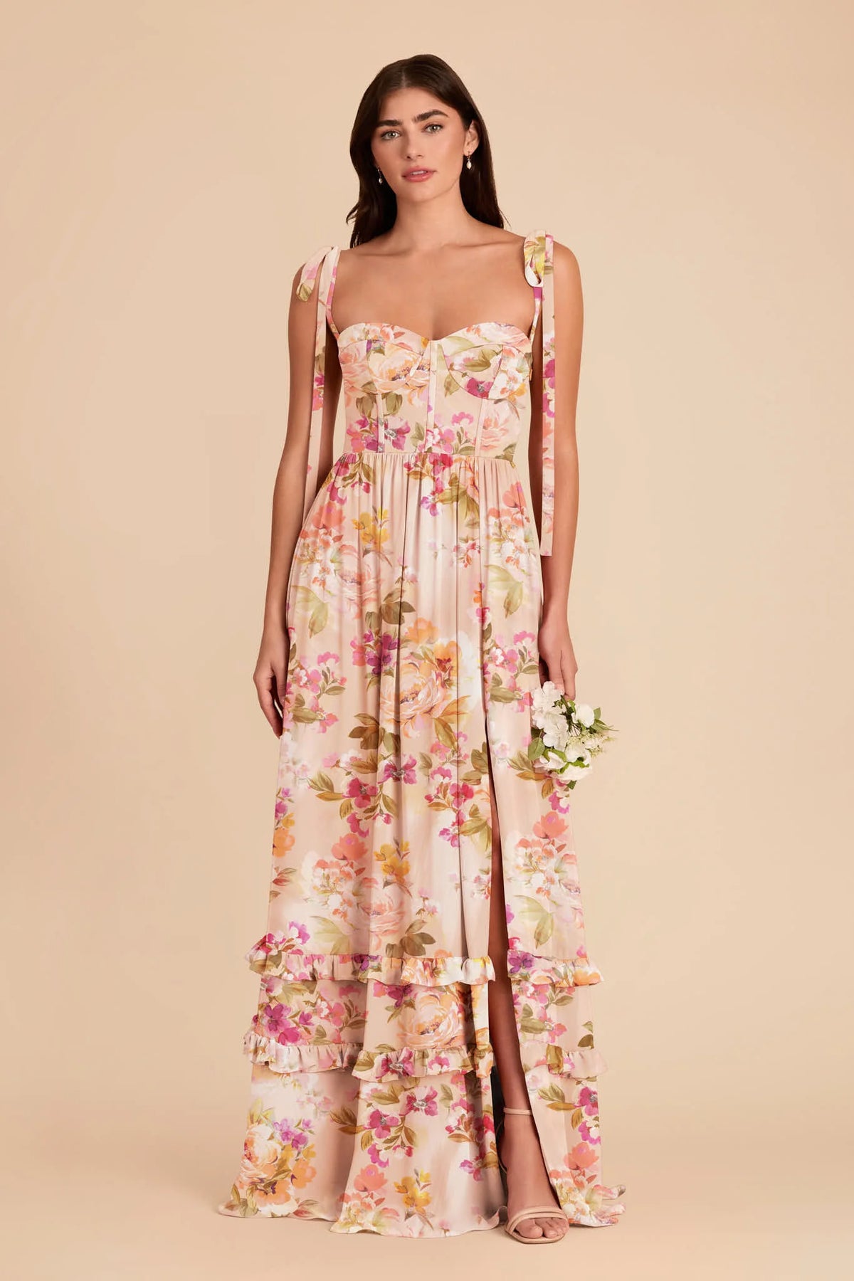 Daphne Coral Sunset Peonies front view bridesmaid dress