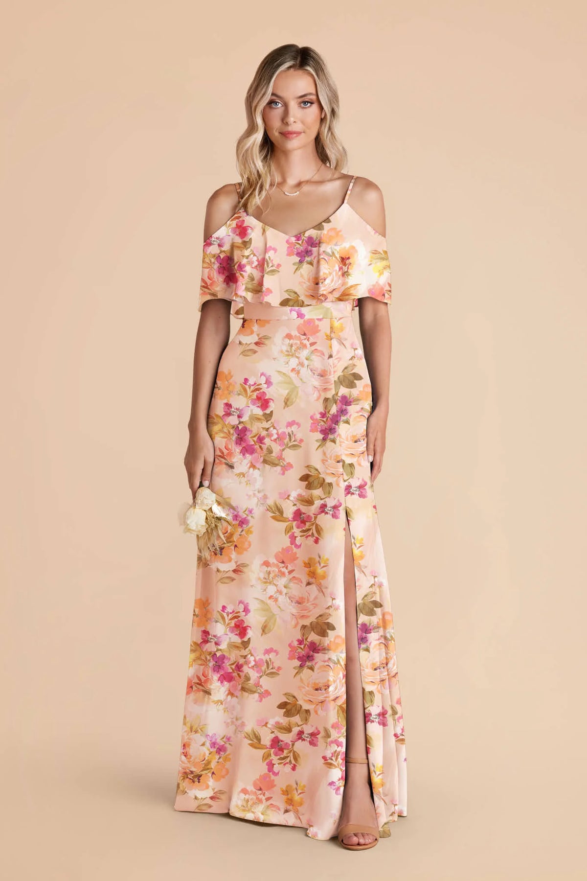 Genevieve Coral Sunset Peonies front view bridesmaid dress