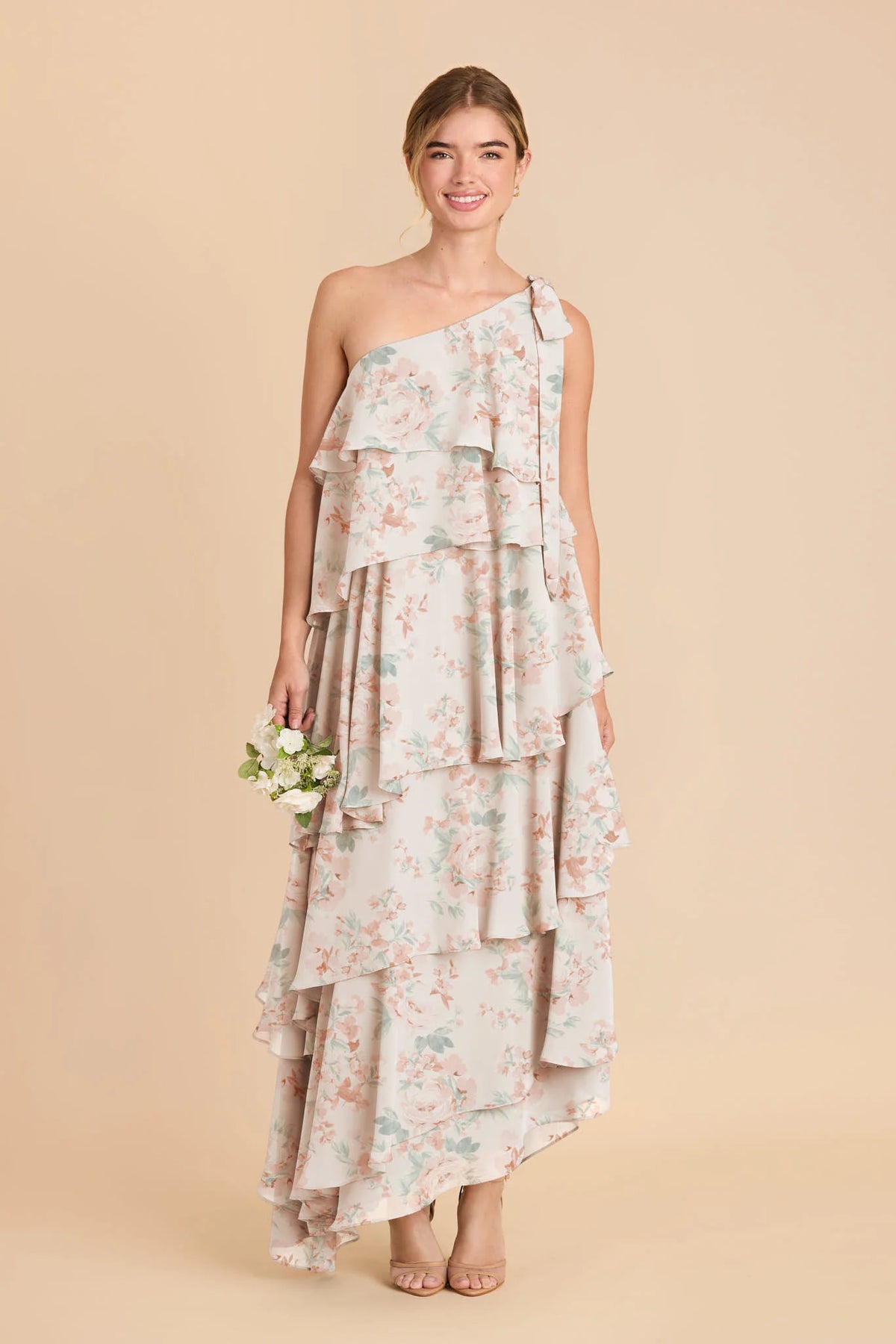 Marisol Dusty Apricot Peonies front view bridesmaid dress