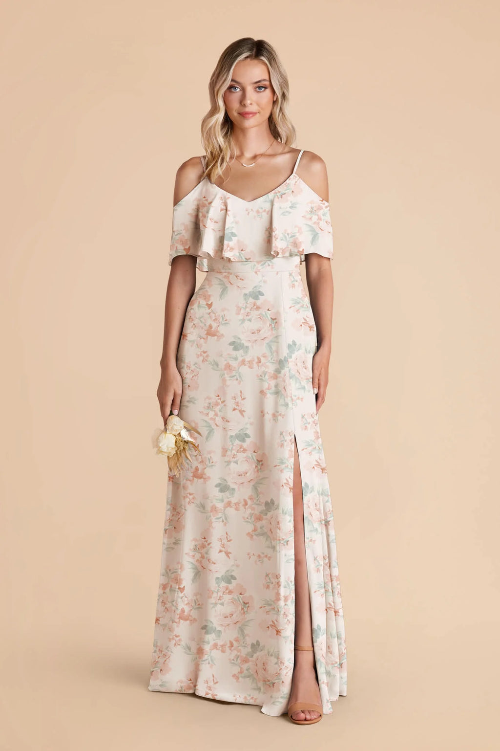 Genevieve Dusty Apricot Peonies front view bridesmaid dress