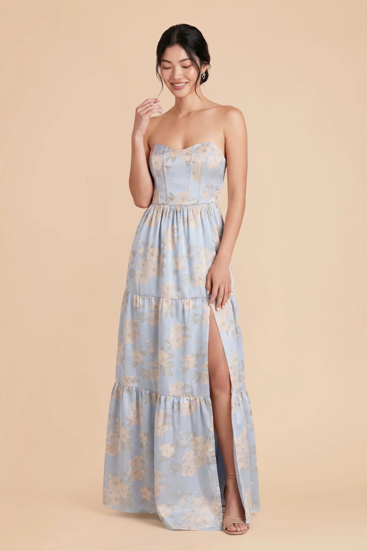 Aveline Dusty Blue Blush three-quarter view bridesmaid dress