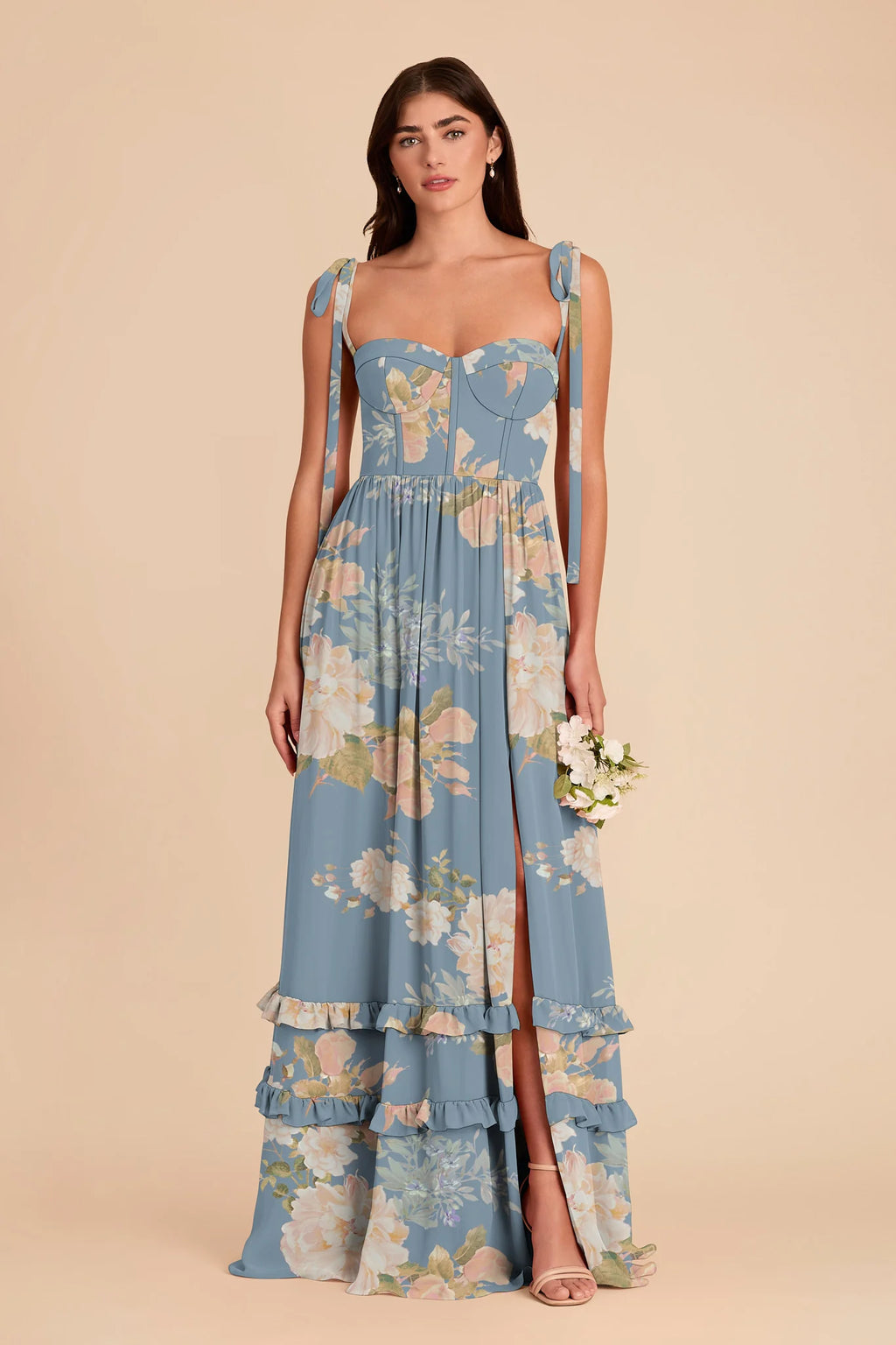 Daphne Dusty Blue Romantic Bouquet front view bridesmaid dress