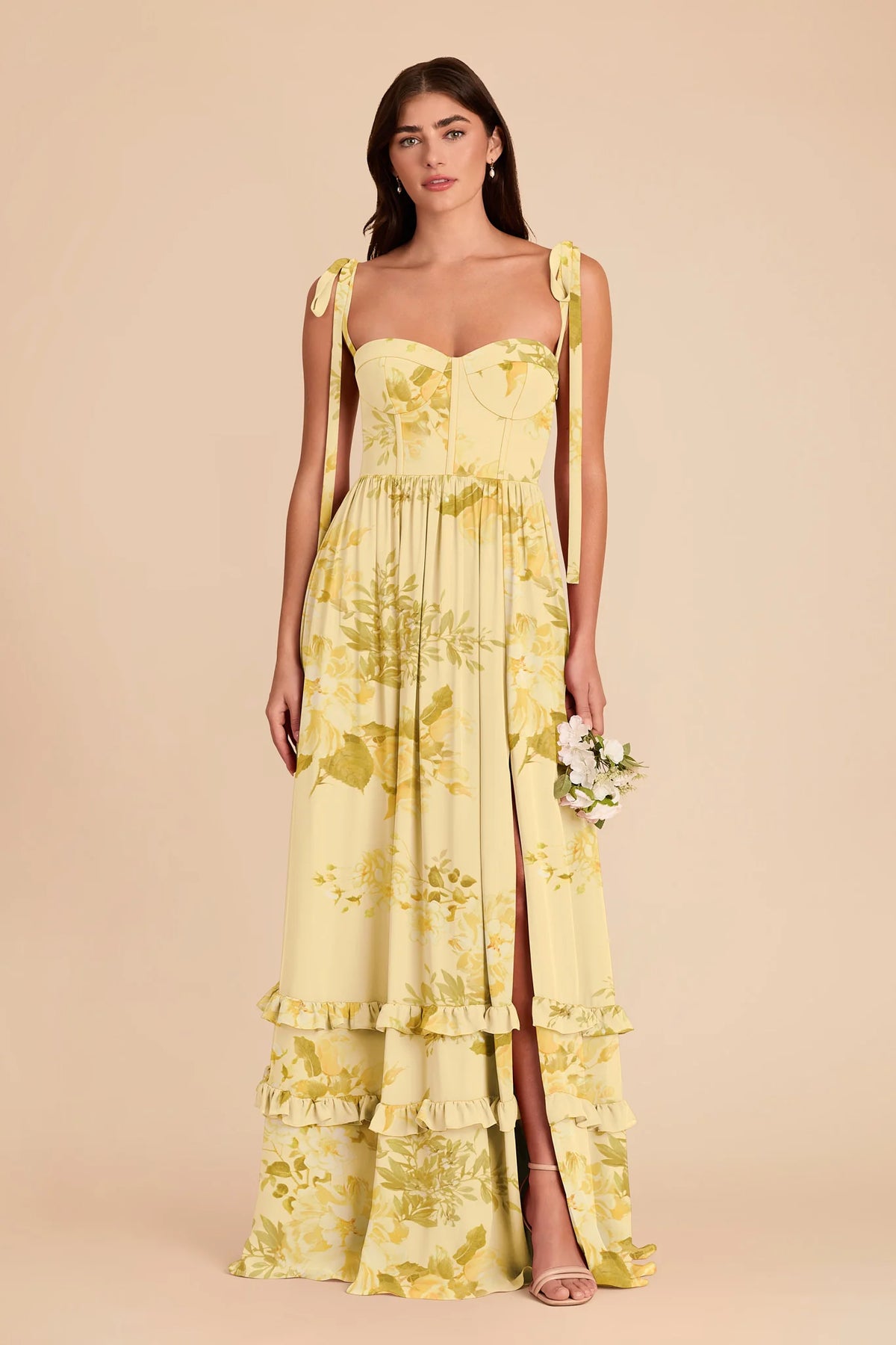 Daphne Lemon Sorbet Romantic Bouquet front view bridesmaid dress