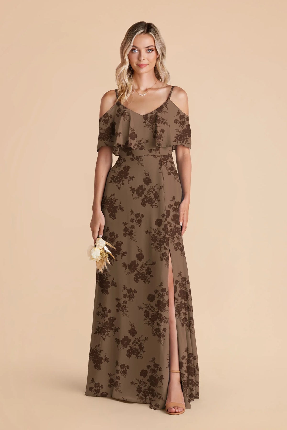 Genevieve Mocha Whimsical Blooms front view bridesmaid dress