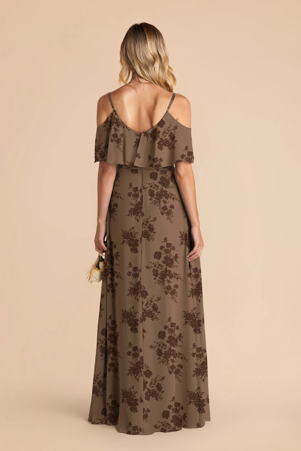 Genevieve Mocha Whimsical Blooms back view bridesmaid dress