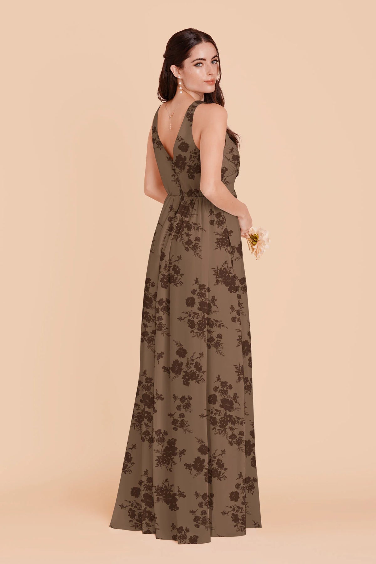 Annelise Mocha Whimsical Blooms back view bridesmaid dress