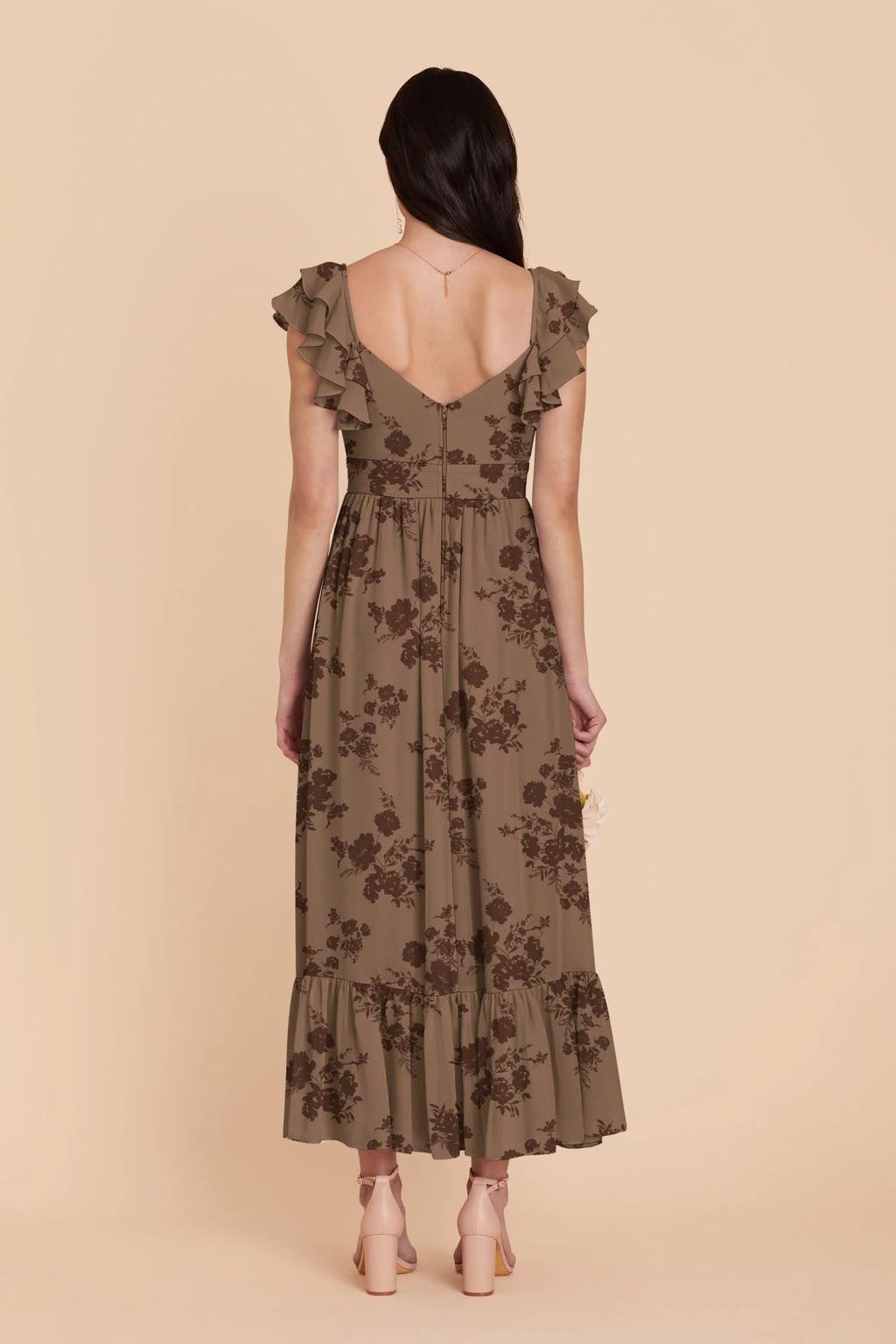 Talia Mocha Whimsical Blooms back view bridesmaid dress