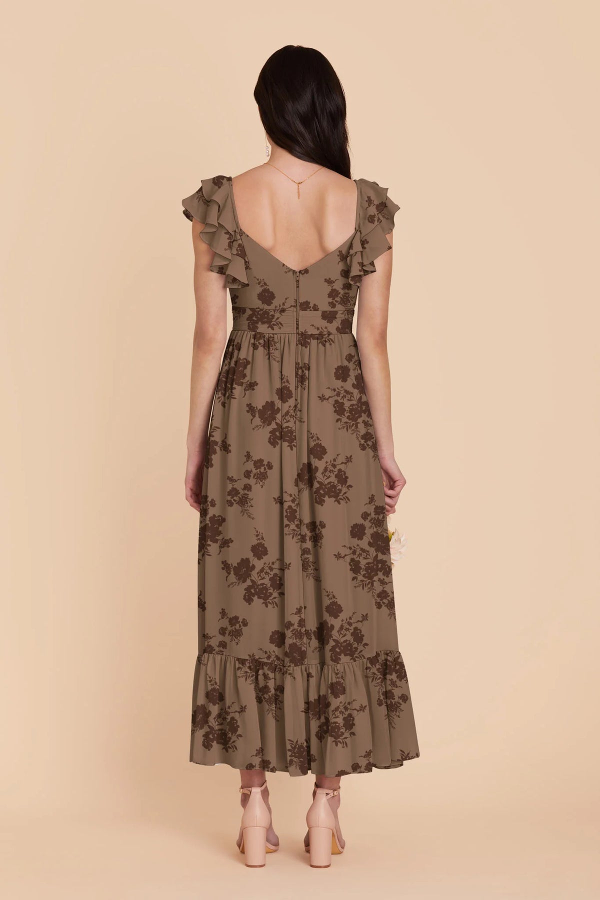 Talia Mocha Whimsical Blooms back view bridesmaid dress