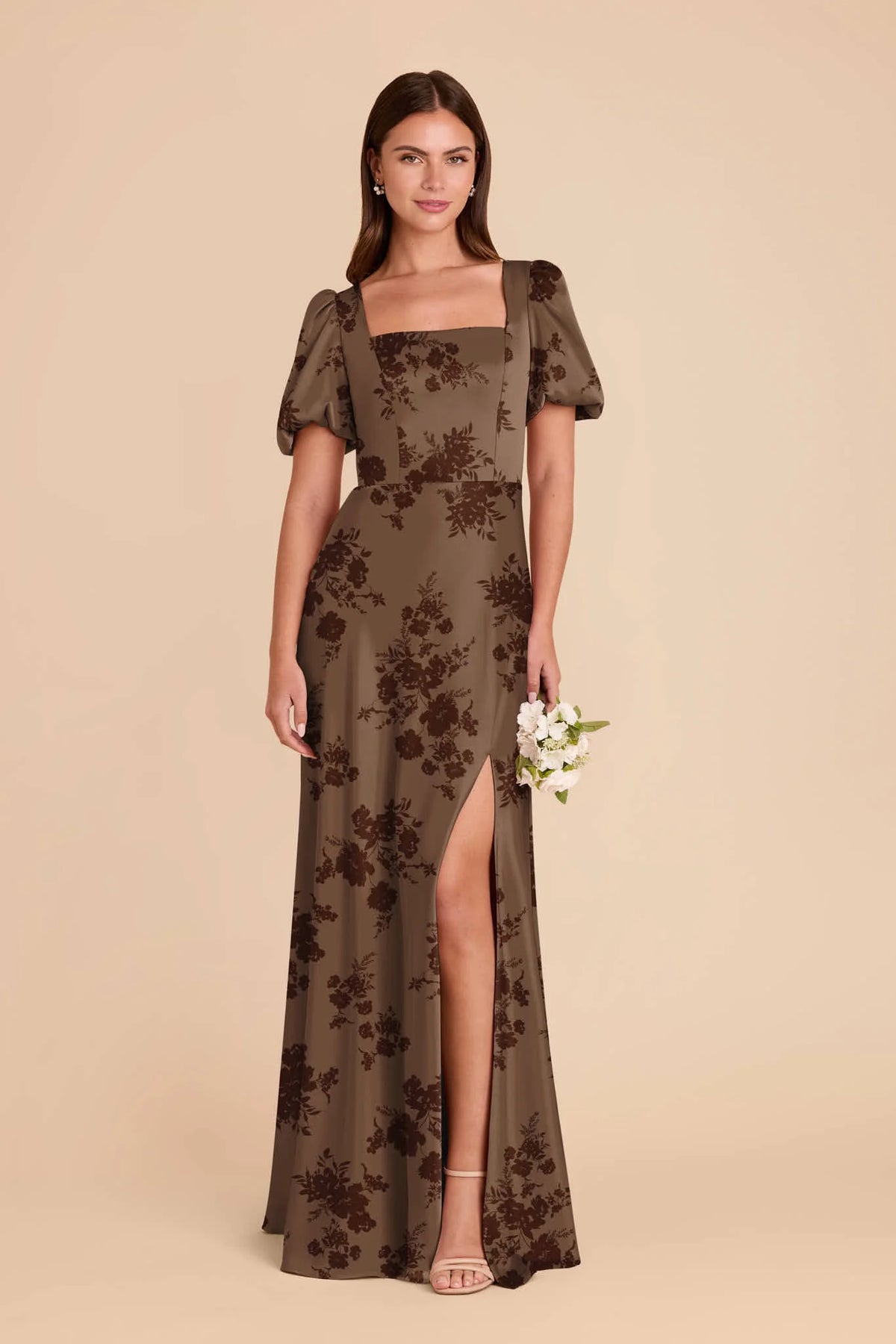 Selene Mocha Whimsical Blooms front view bridesmaid dress