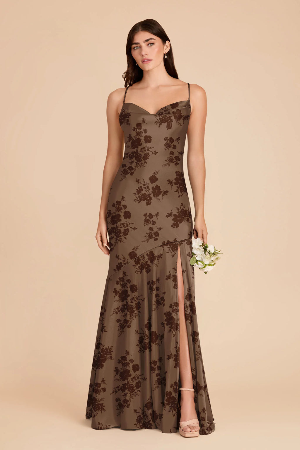 Estelle Mocha Whimsical Blooms back view bridesmaid dress