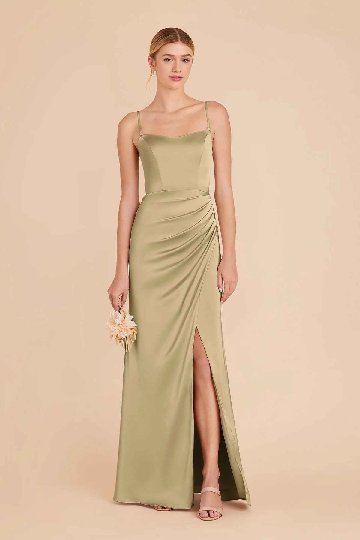 Lucienne Moss Green front view bridesmaid dress