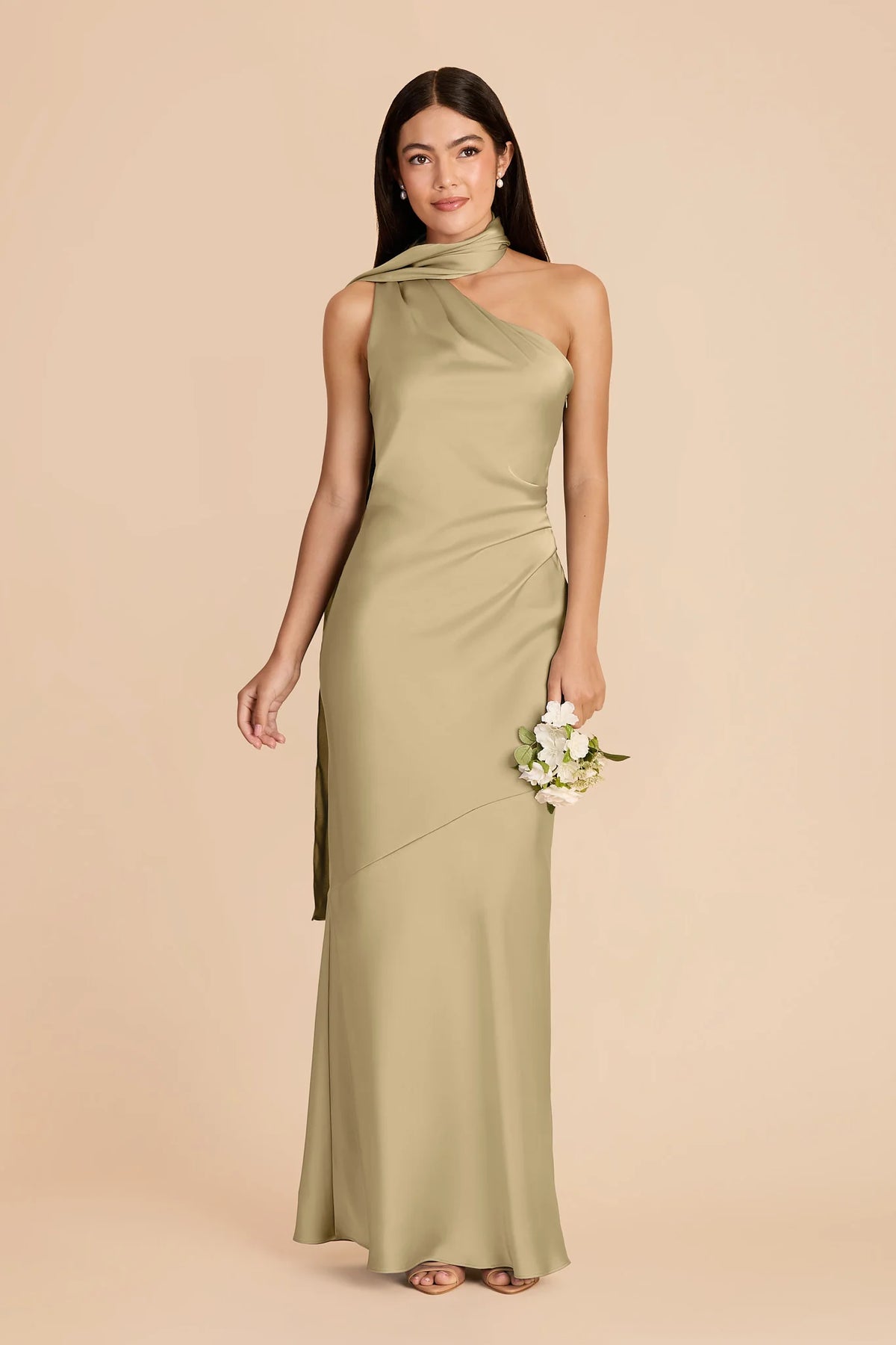 Ariadne Moss Green front view bridesmaid dress