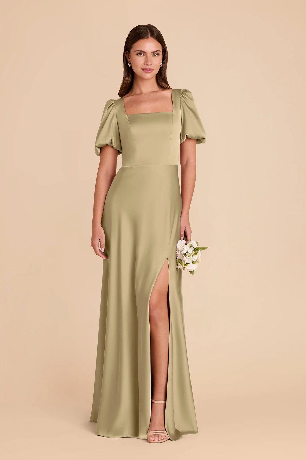 Selene Moss Green front view bridesmaid dress