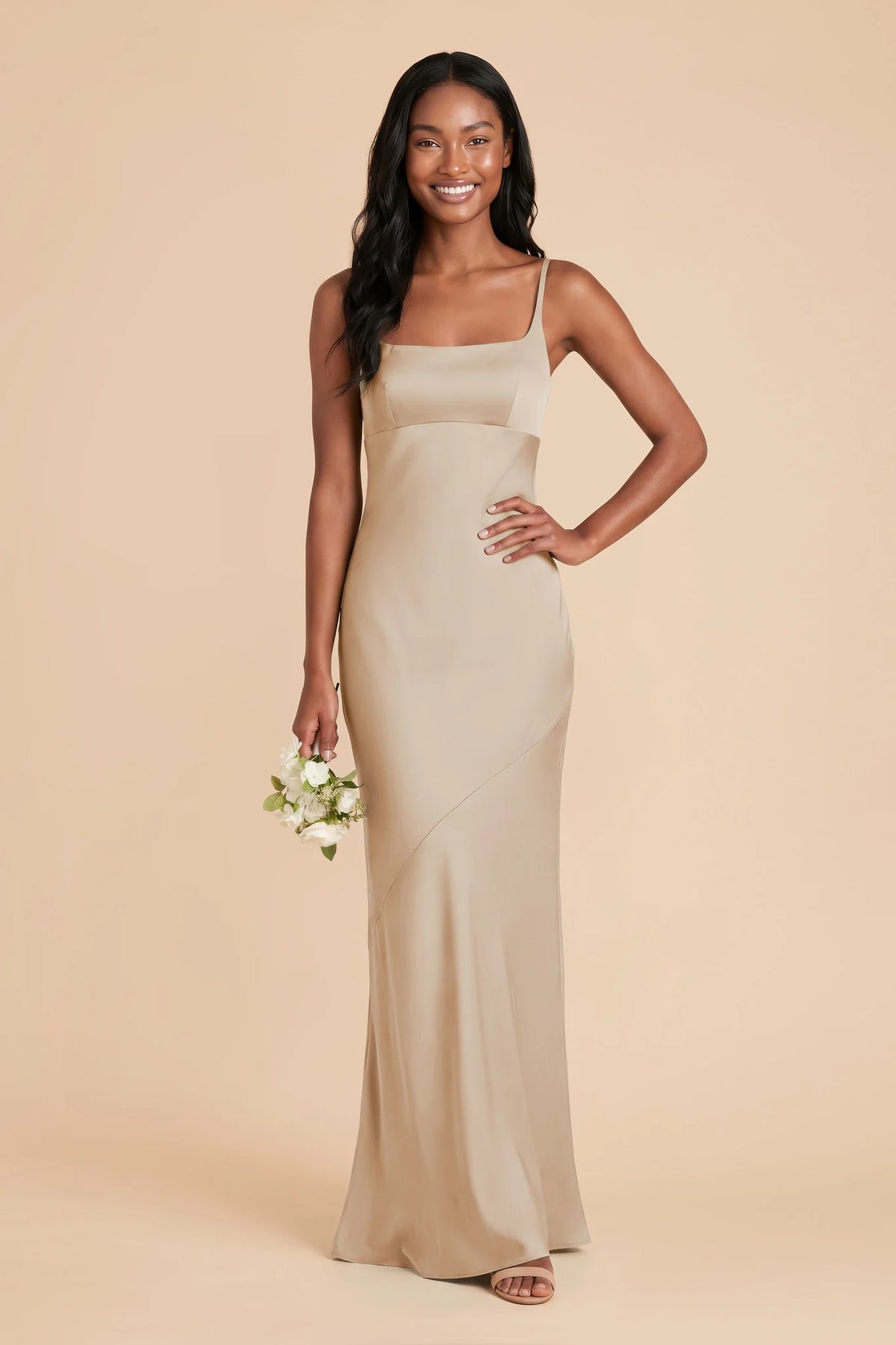 Noelle Neutral Champagne front view bridesmaid dress