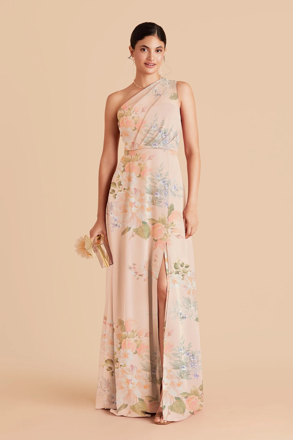Celine Pale Blush Romantic Bouquet front view bridesmaid dress