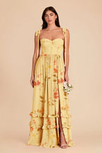 Daphne Pale Yellow Rococo Floral front view bridesmaid dress