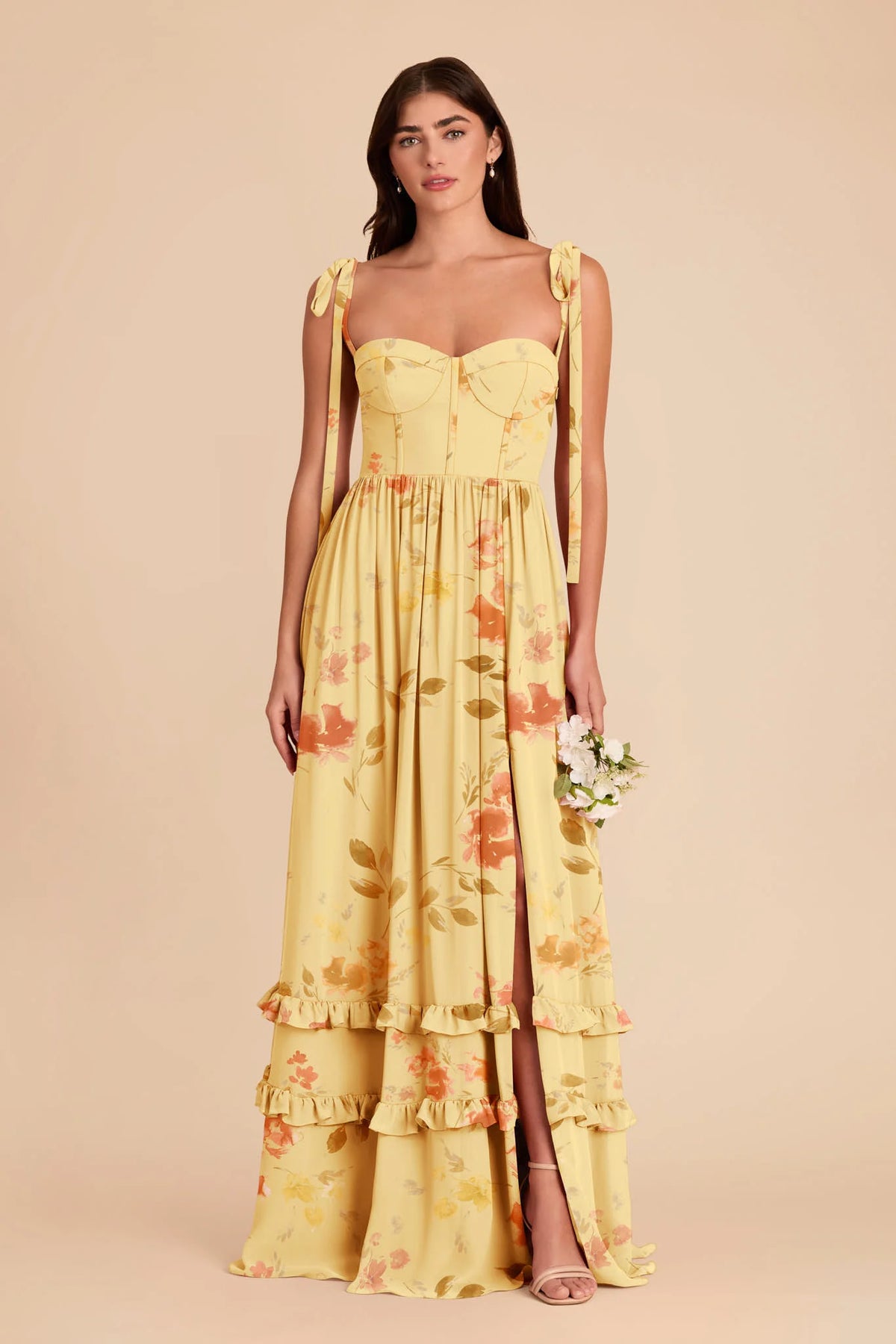 Daphne Pale Yellow Rococo Floral front view bridesmaid dress