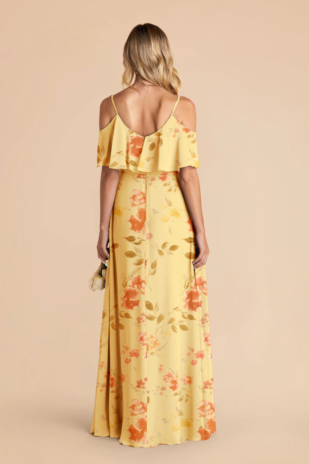 Genevieve Pale Yellow Rococo Floral back view bridesmaid dress