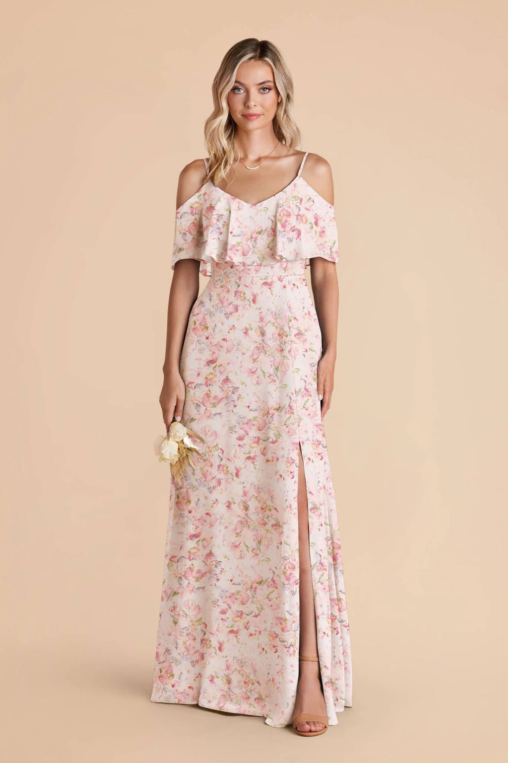 Genevieve Pink Falling Petals front view bridesmaid dress