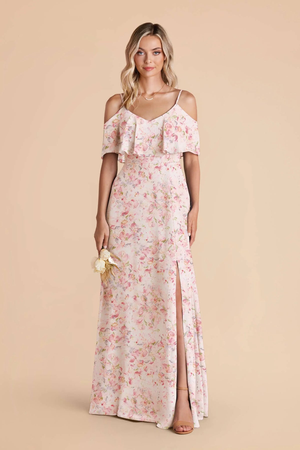 Genevieve Pink Falling Petals front view bridesmaid dress