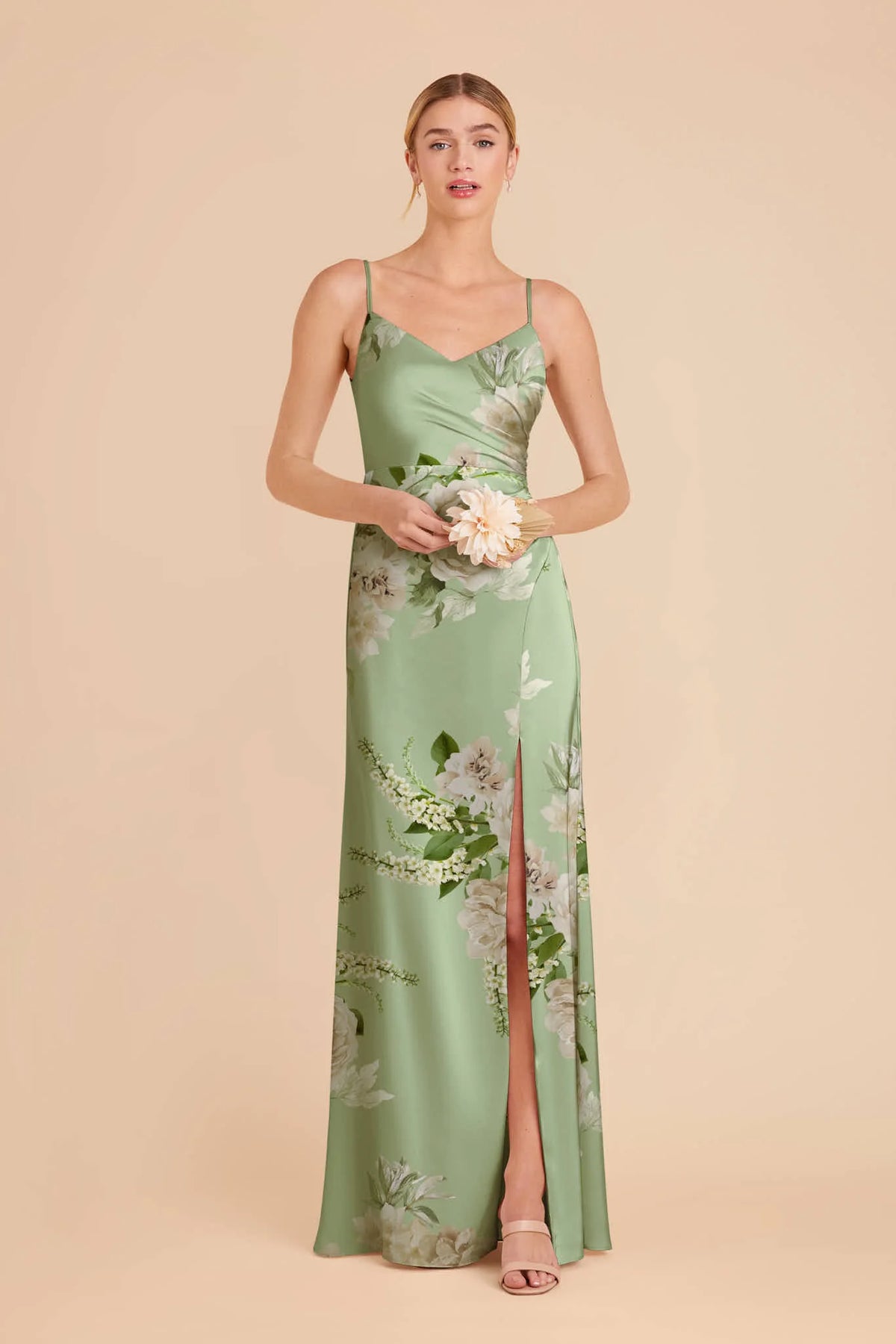 Elara Pistachio Garden Bloom front view bridesmaid dress