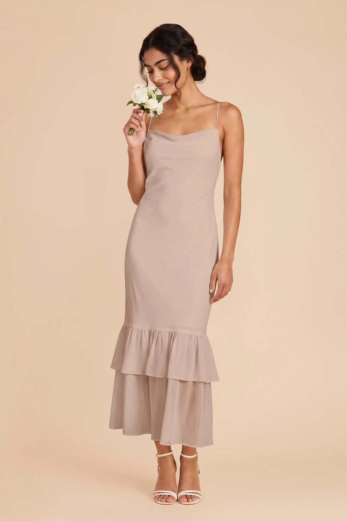 Liora Taupe front view bridesmaid dress