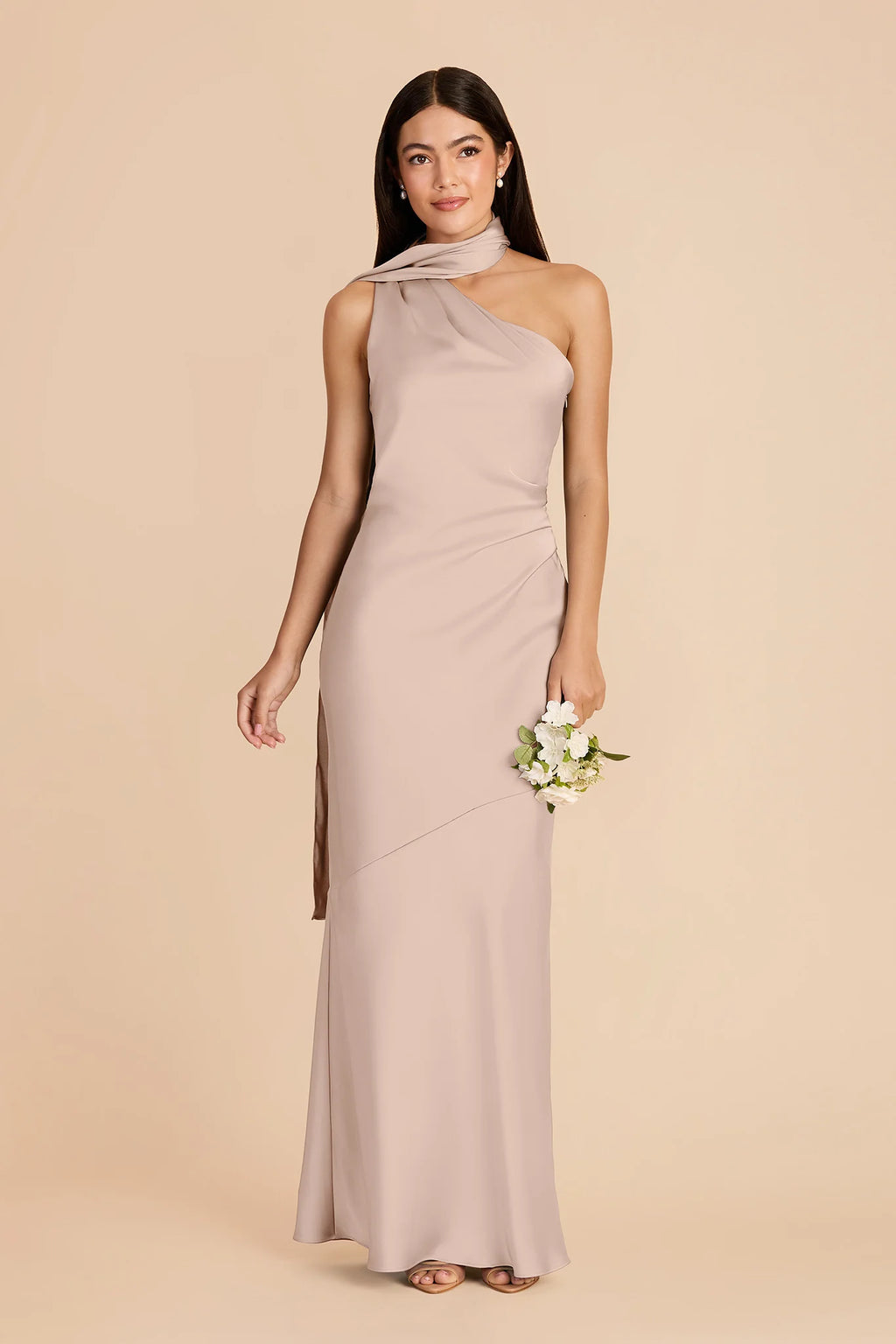 Ariadne Taupe front view bridesmaid dress