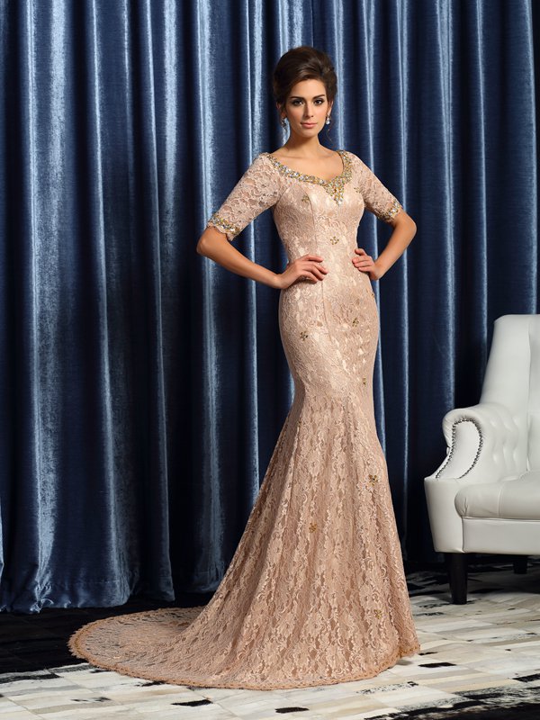 Diana Elise Champagne front view mother of the bride dress