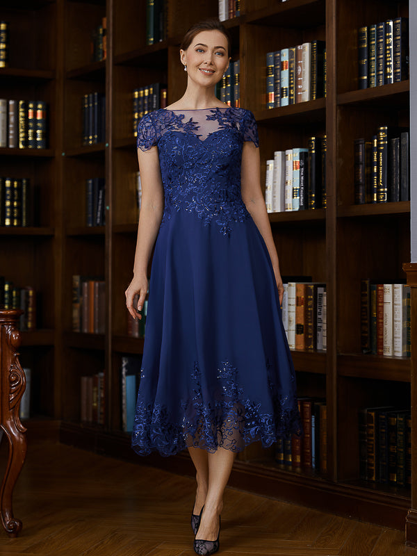 Mia Pearl Navy Blue front view mother of the bride dress