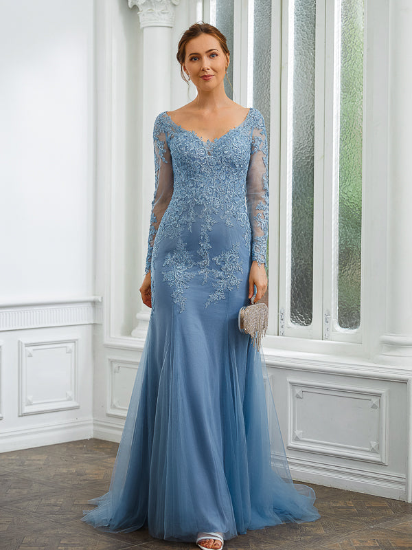 Sabrina Elise Dusty Blue front view mother of the bride dress