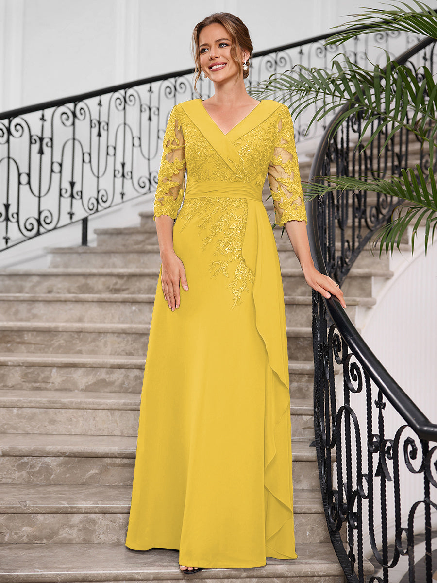 Priscilla Faye Gold side view mother of the bride dress