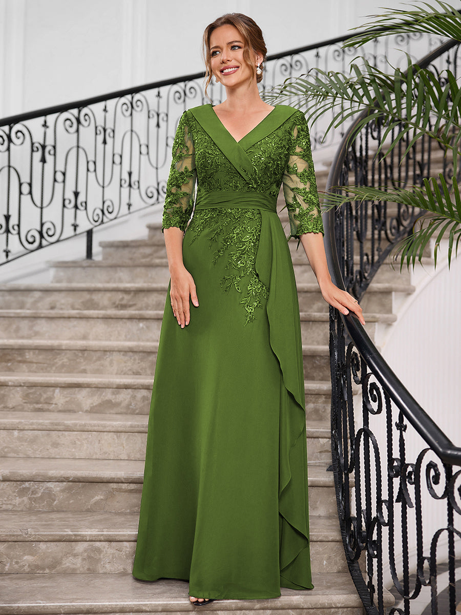 Priscilla Faye Olive Green front view mother of the bride dress