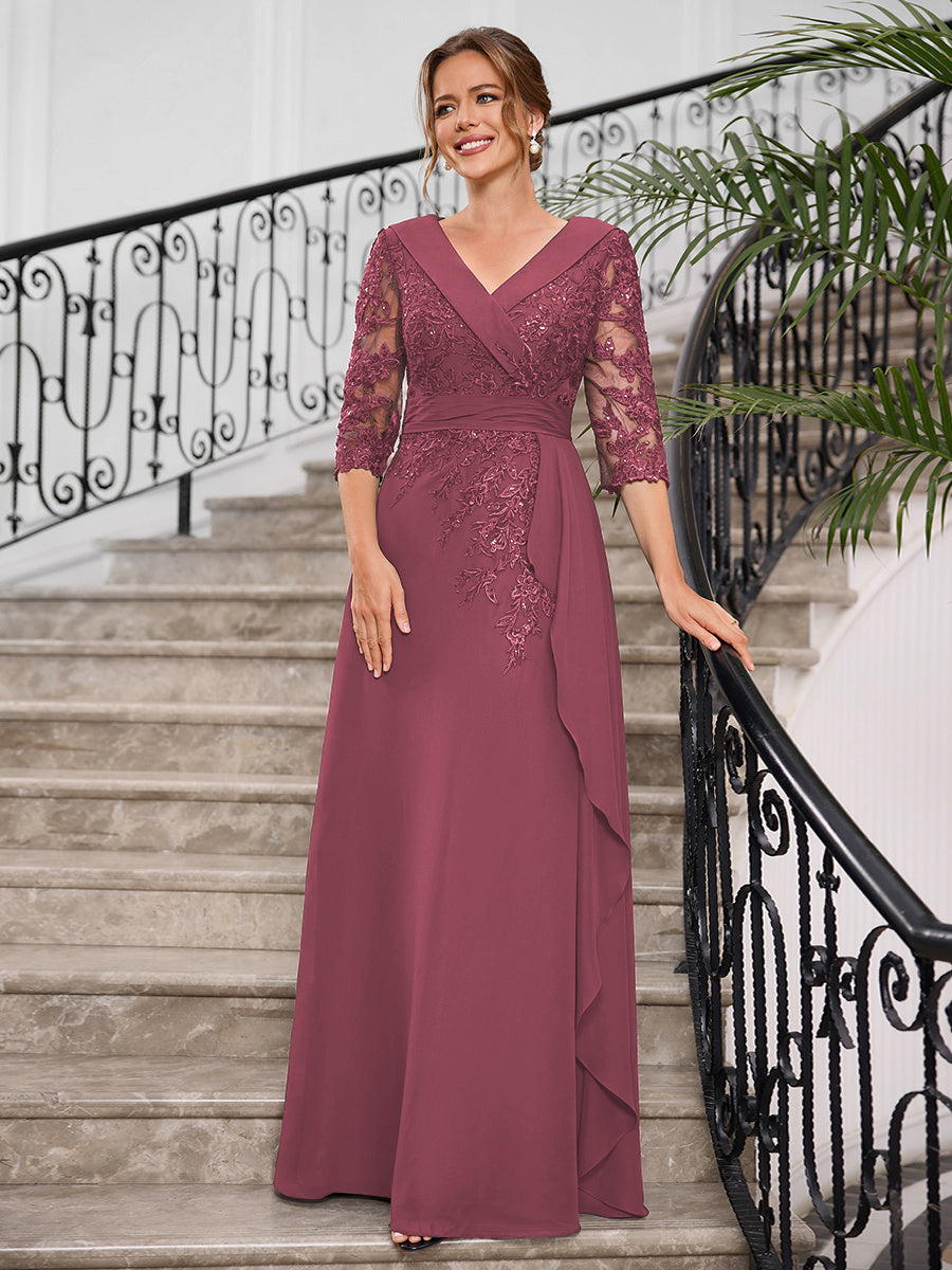 Priscilla Faye Plum front view mother of the bride dress