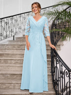 Priscilla Faye Pool Blue front view mother of the bride dress