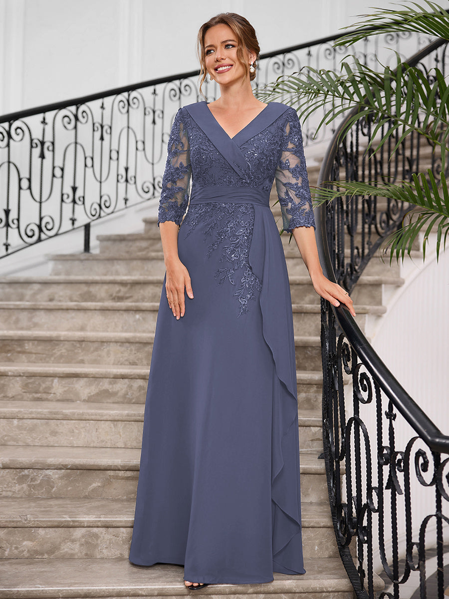 Priscilla Faye Steel Blue fabric detail mother of the bride dress