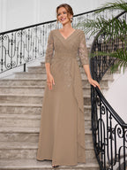 Priscilla Faye Taupe front view mother of the bride dress